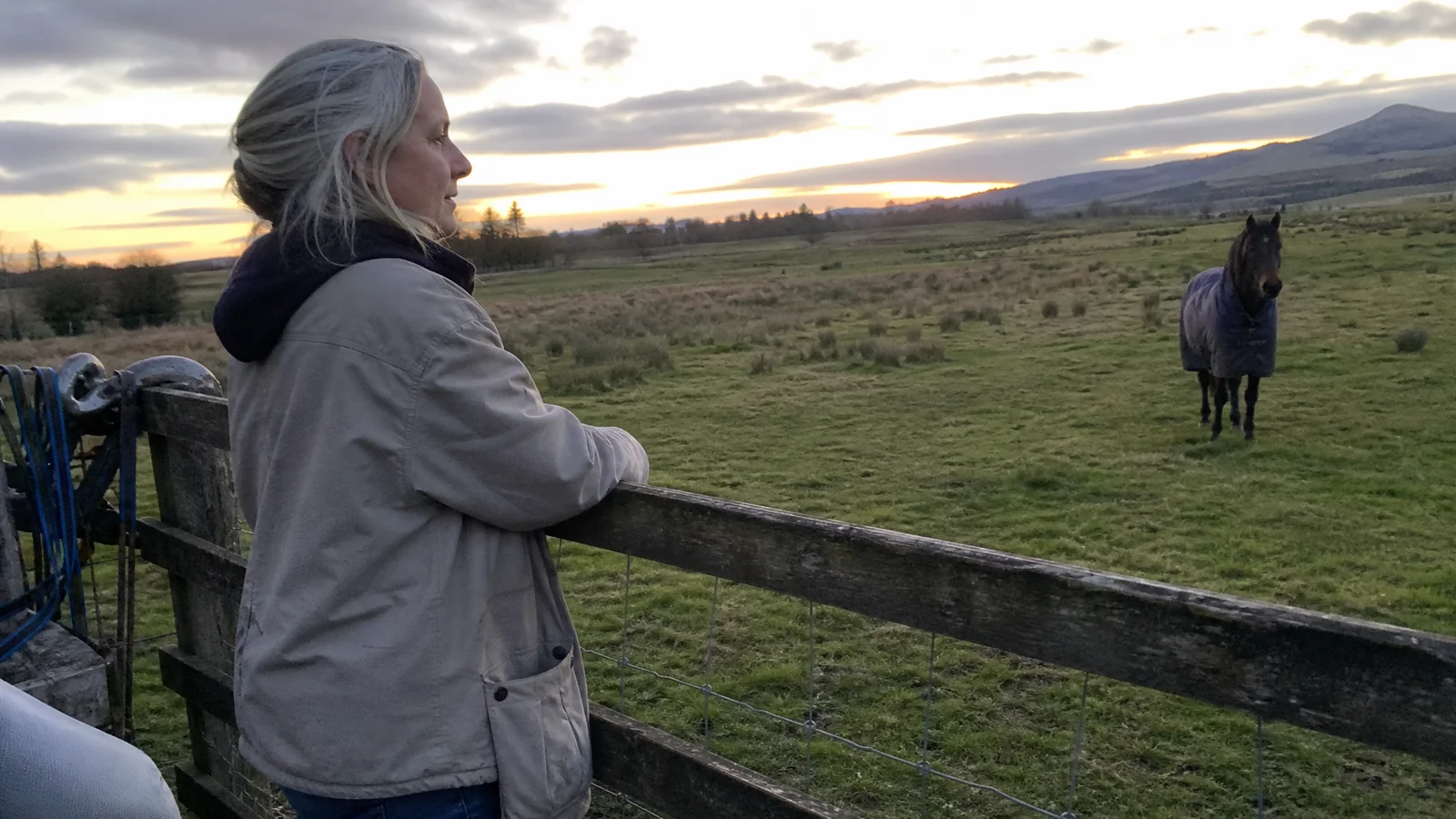Middle-aged woman in country clothing standing quietly at a paddock fence at dusk, a horse a few metres away, contemplative