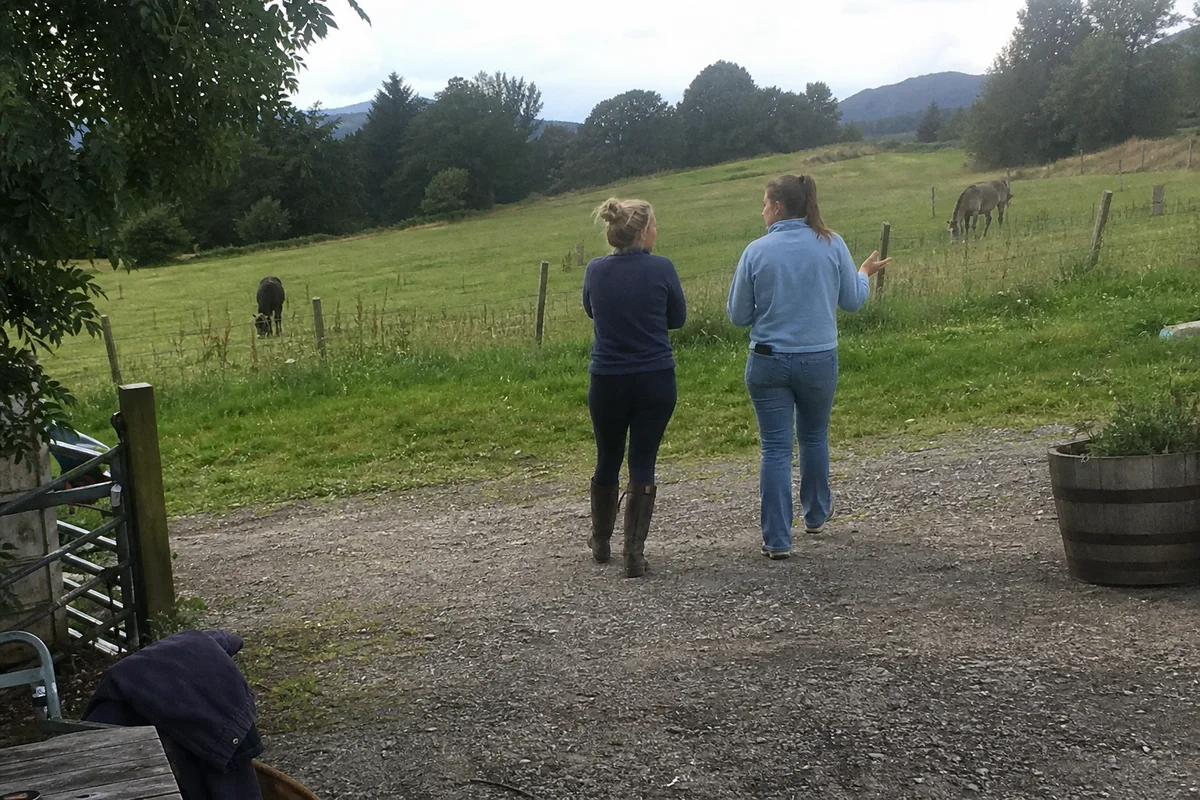 Soo and a guest walking the paddock together in conversation, unhurried